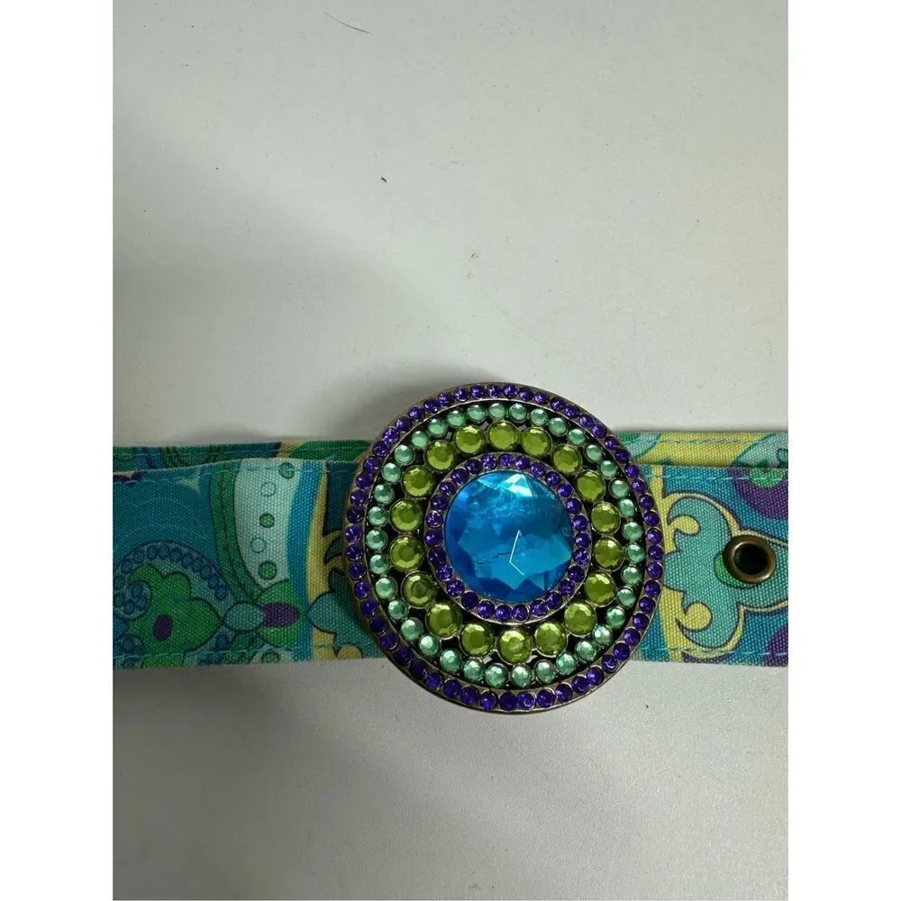 FABRIC Belt w/Floral Pin Buckle Rhinestone Trim Sz 36”Middle Hole GREEN BLUE